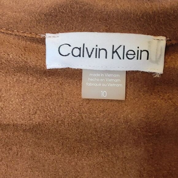$139 FAUX SUEDE 10 CALVIN KLEIN STRETCH LONG SLEEVE BROWN CAREER MIDI DRESS NWT - Picture 4 of 12